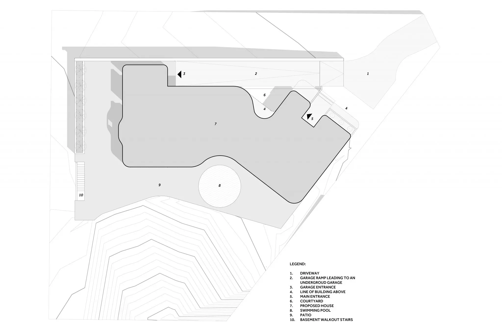 Architectural site plan showing layout, pool, and driveway of modern home.