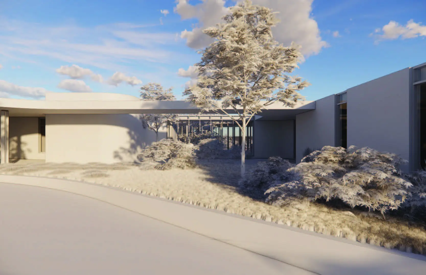 Minimalist entryway of modern home surrounded by landscaped garden and soft natural light.