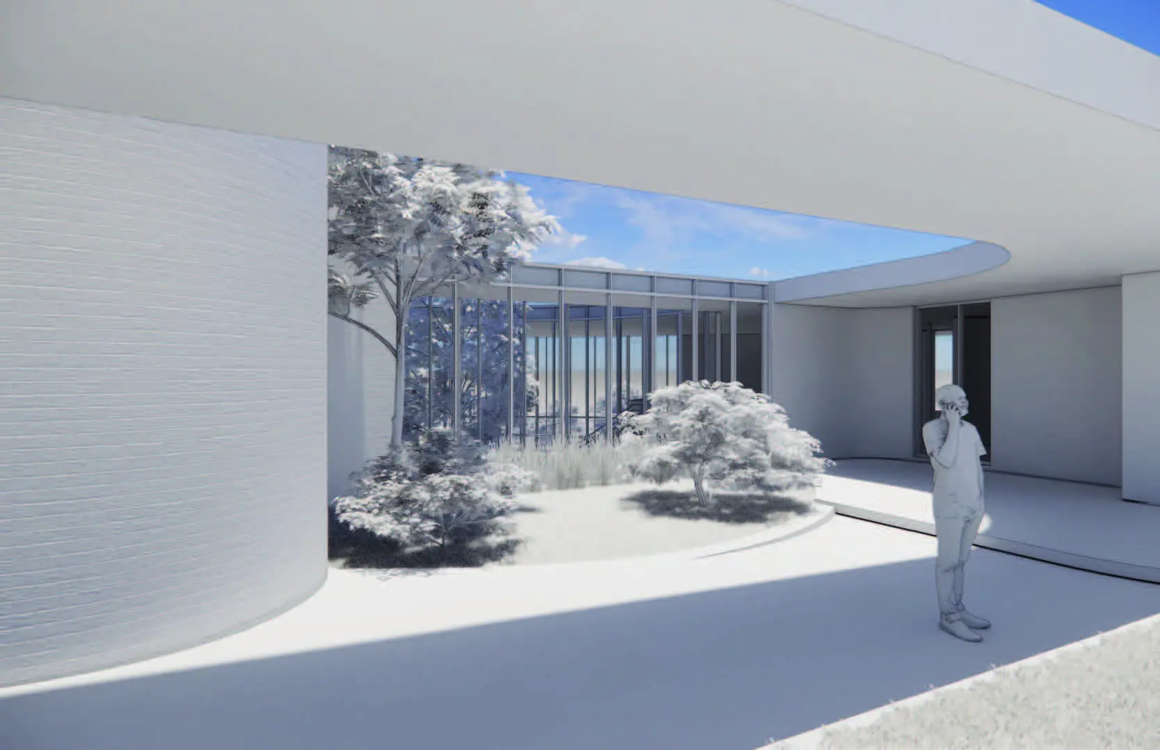 Inner courtyard design with glass walls and curved structure blending indoor and outdoor spaces.