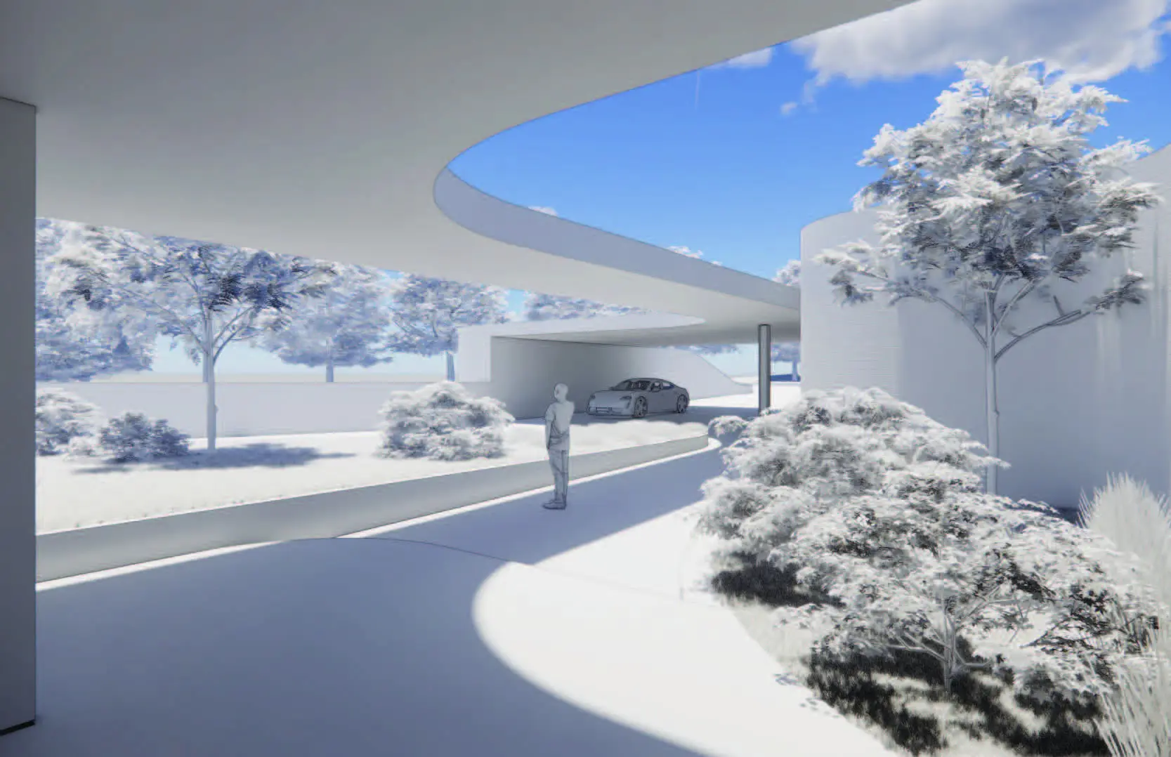 Covered driveway and carport of modern residence framed by organic architectural curves.