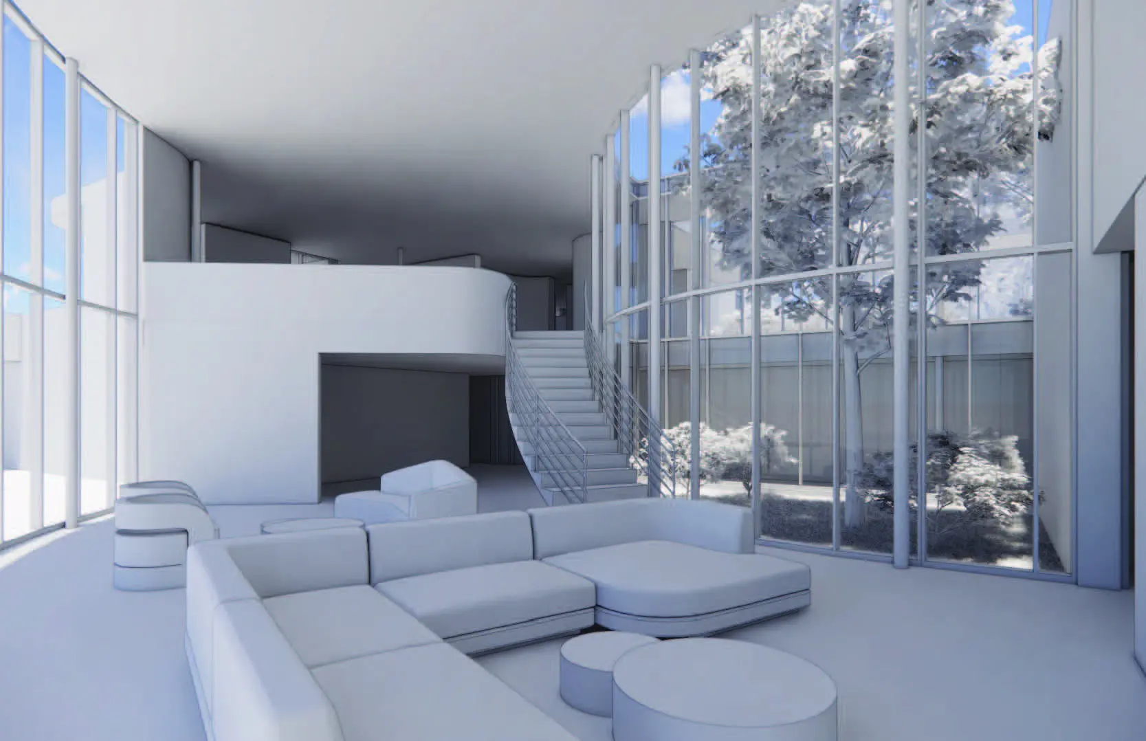 Double-height living room with curved staircase, full-height windows, and open modern interior.