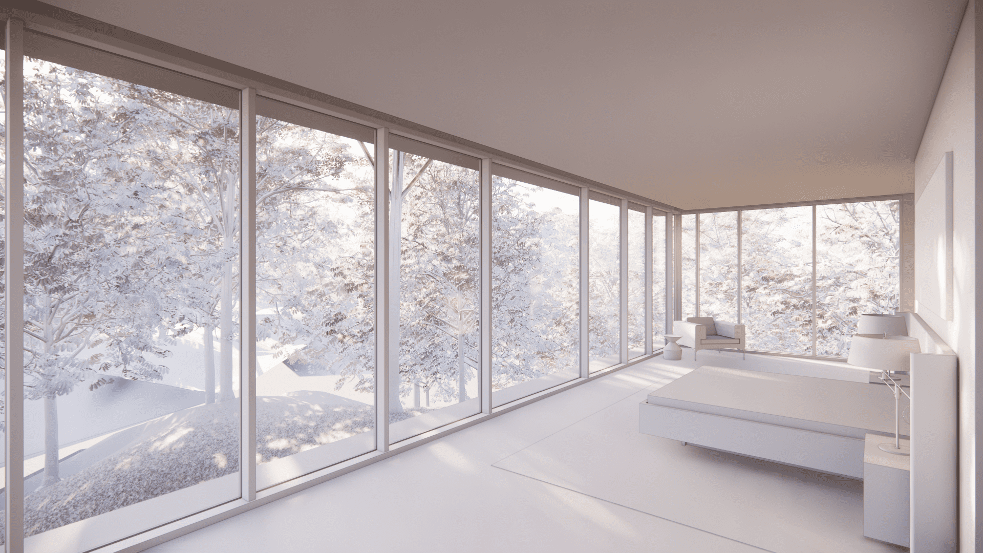 Minimalist bedroom with panoramic glass walls overlooking wooded landscape.