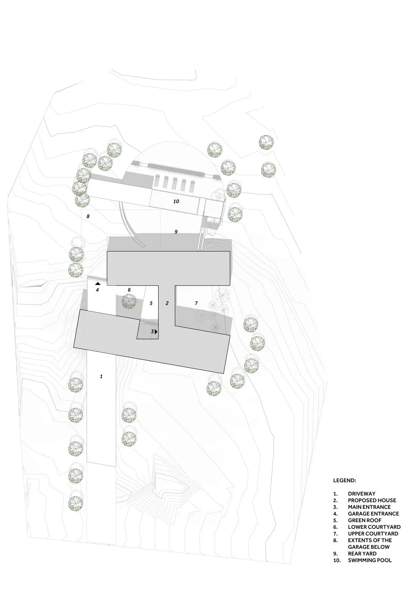 Site plan showing driveway, courtyards, and swimming pool layout for contemporary hillside home.