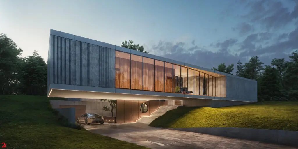 Modern cantilevered home with sleek concrete and glass façade at dusk surrounded by trees.