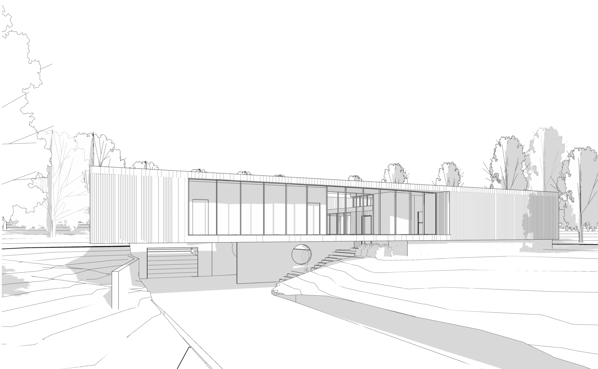 Architectural elevation sketch of a modern linear residence with vertical cladding.