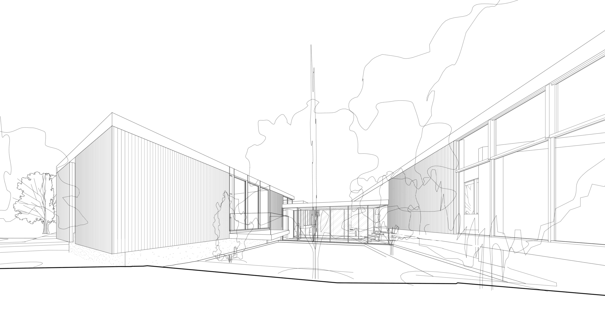 Architectural perspective sketch of courtyard framed by modern glass and concrete wings.
