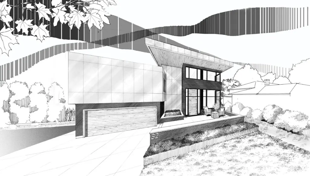 Architectural sketch showing concept design of modern flat-roof residence with large windows.