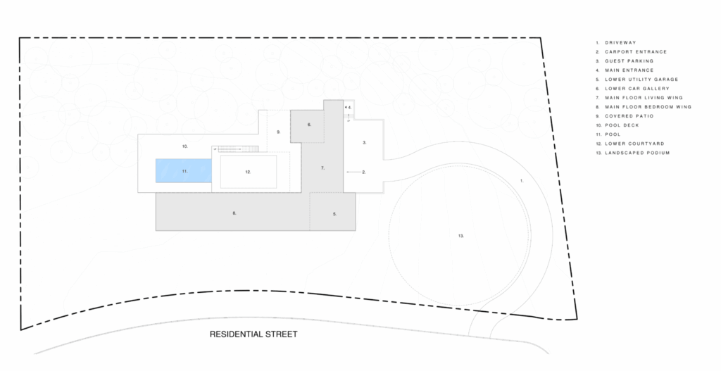 Architectural site plan showing driveway, pool, and landscaped courtyard layout.