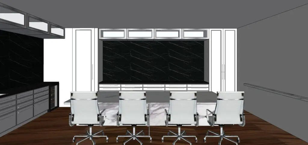 Interior design rendering of a modern conference room with marble surfaces and dark cabinetry.