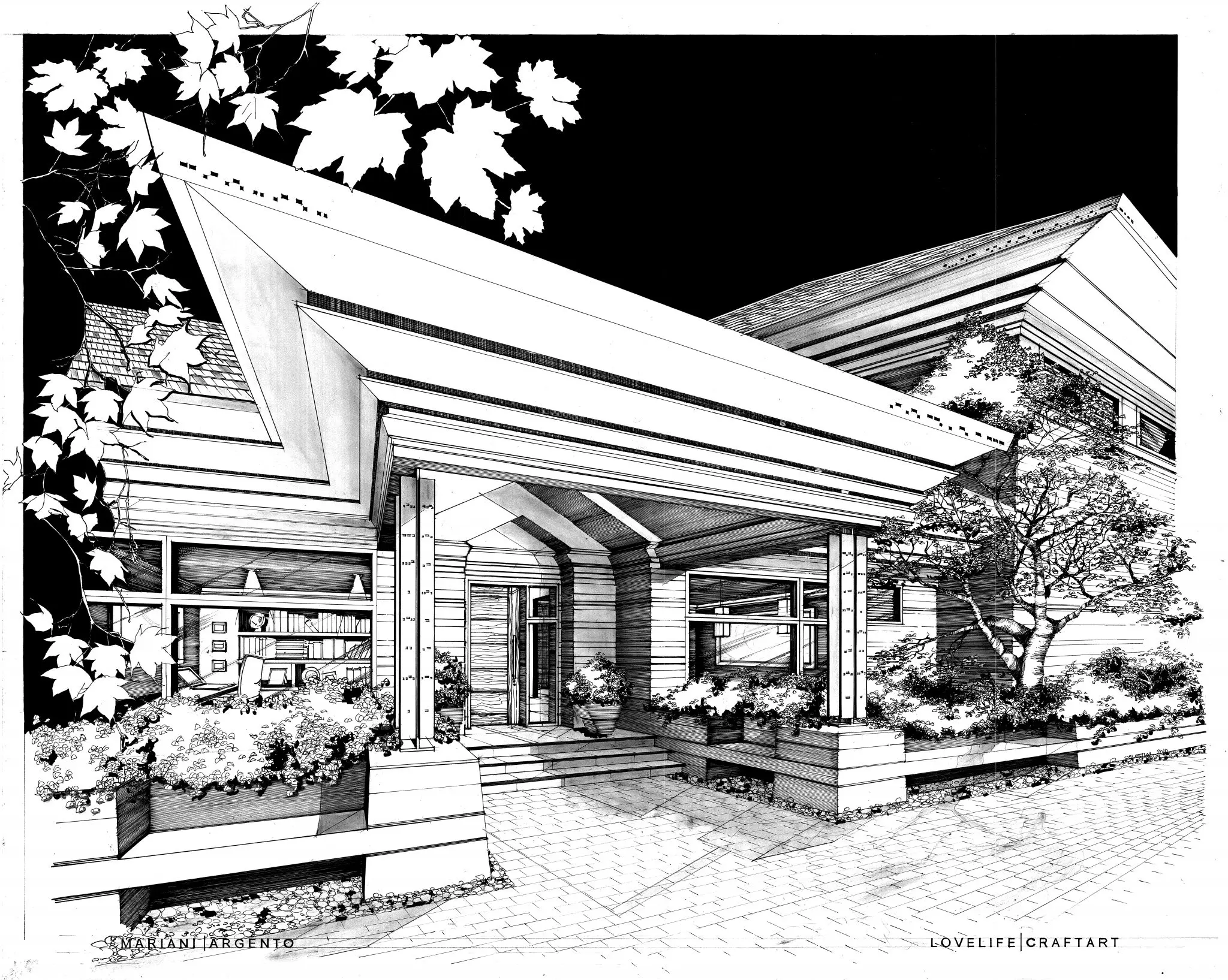 Architectural sketch of residential entrance with angular roof and landscaped approach.