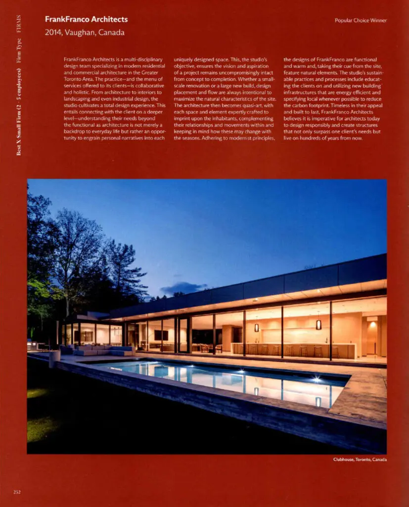 FrankFranco Architects profile with nighttime view of Clubhouse residence showcasing glass façade, warm interiors, and pool in Toronto.