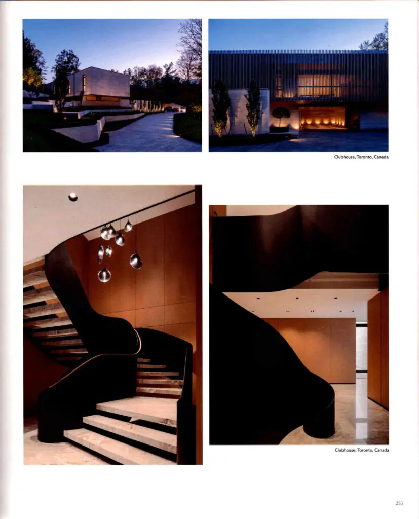 Clubhouse Toronto architecture with illuminated exteriors and sculptural interior staircase highlighting modern residential design.