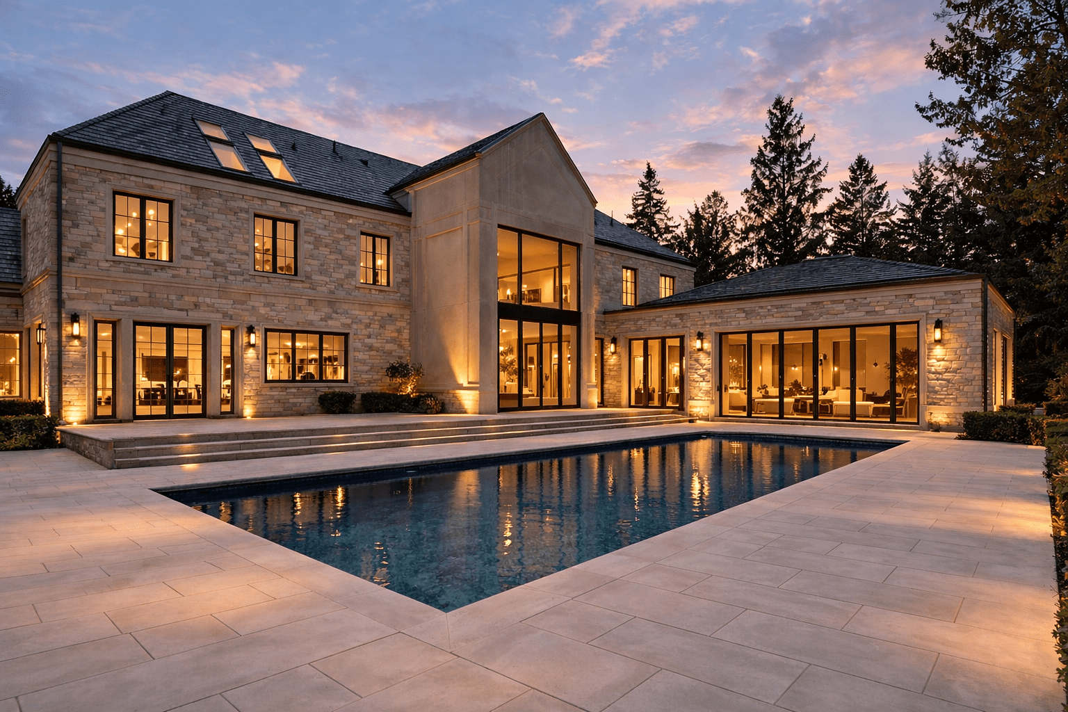 Luxury stone house with large glass windows overlooking a rectangular pool at dusk