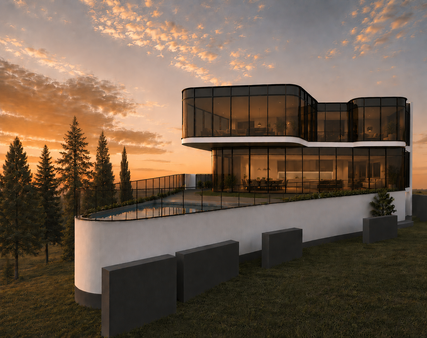 Modern luxury home with curved glass façade and infinity terrace.