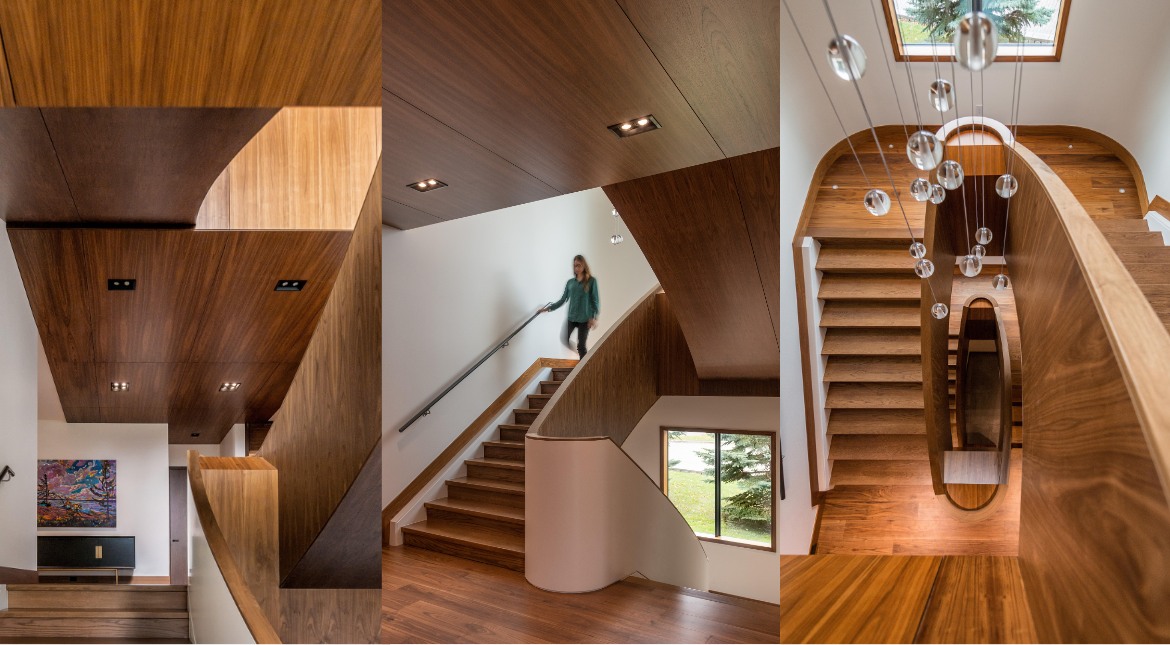 Modern staircase design with custom wood detailing and architectural flow.