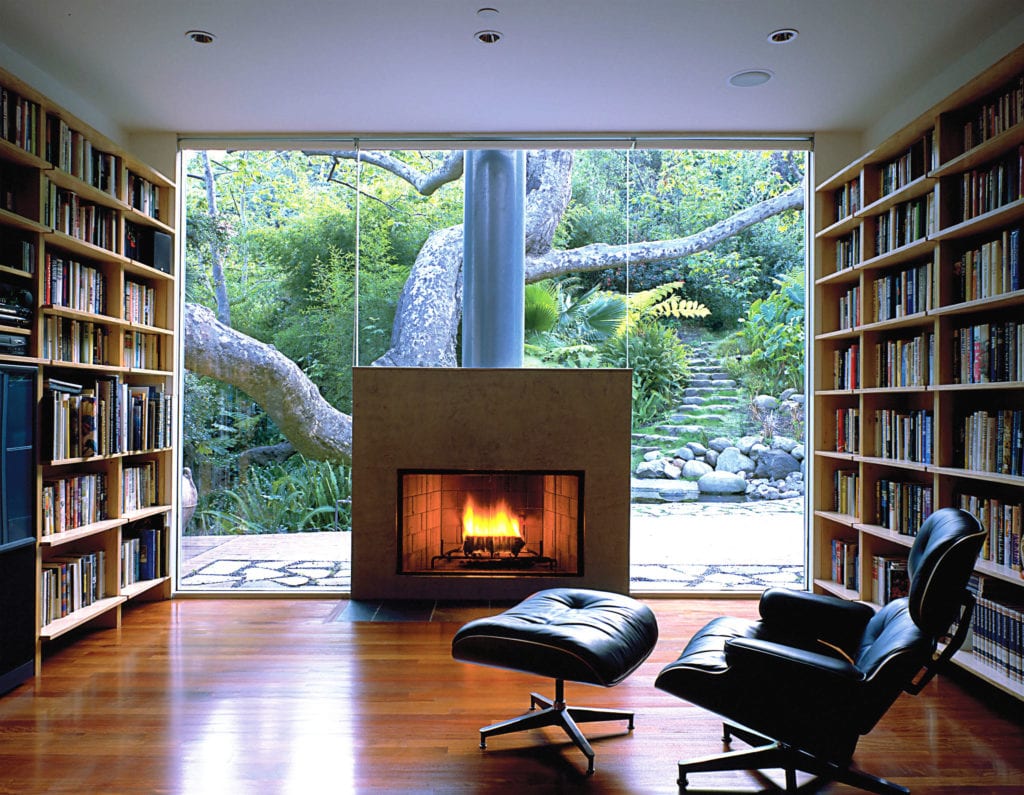 wood burning fireplace at Rustic Canyon Residence by Griffin Enright Architects