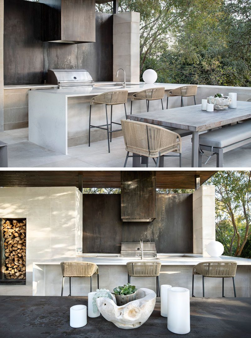 A beautiful outdoor pool house featuring modern designs after a complete outdoor living space renovation