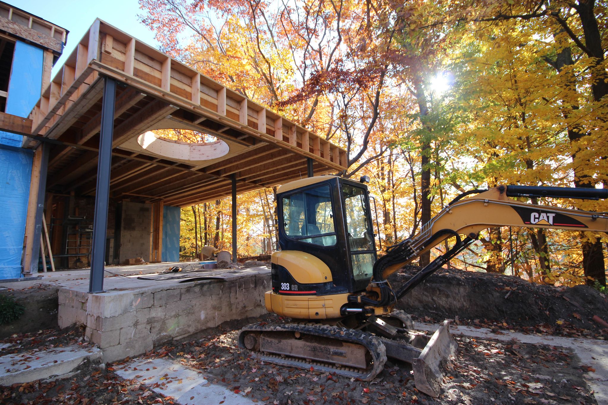 Construction site while building a custom home designed by architects FrankFranco Architects on their Woodland Ridge project.