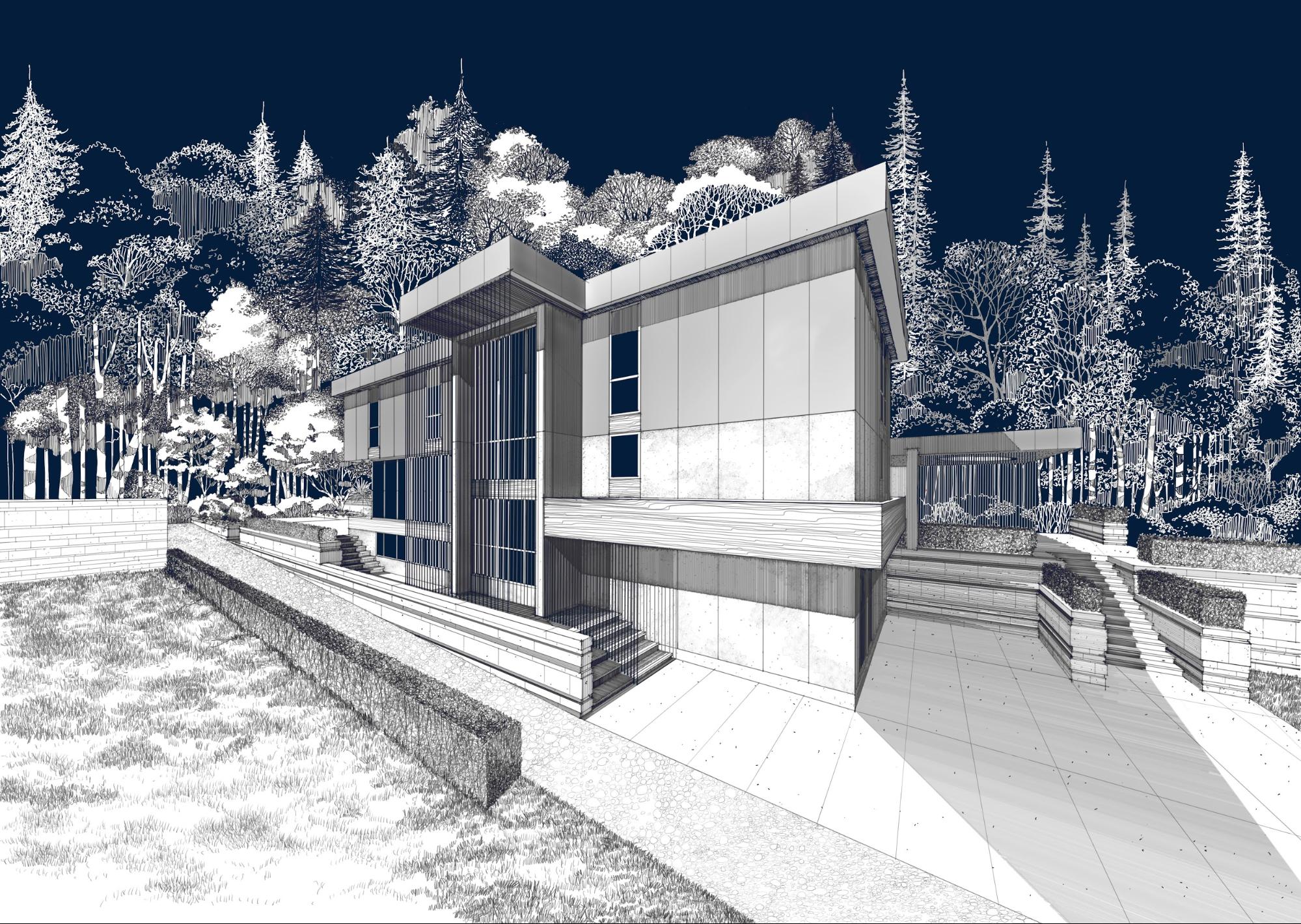A rendering image of a beautiful custom home designed by FrankFranco Architects on their Woodland Ridge house project.