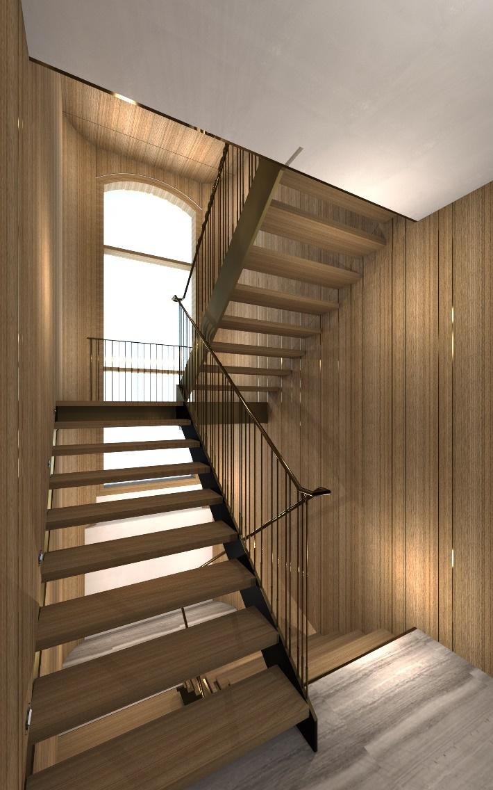 A digital staircase rendering designed by FrankFranco Architects during a custom home build mock-up.