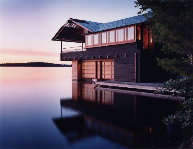 Beautiful boathouse in muskoka during sunset