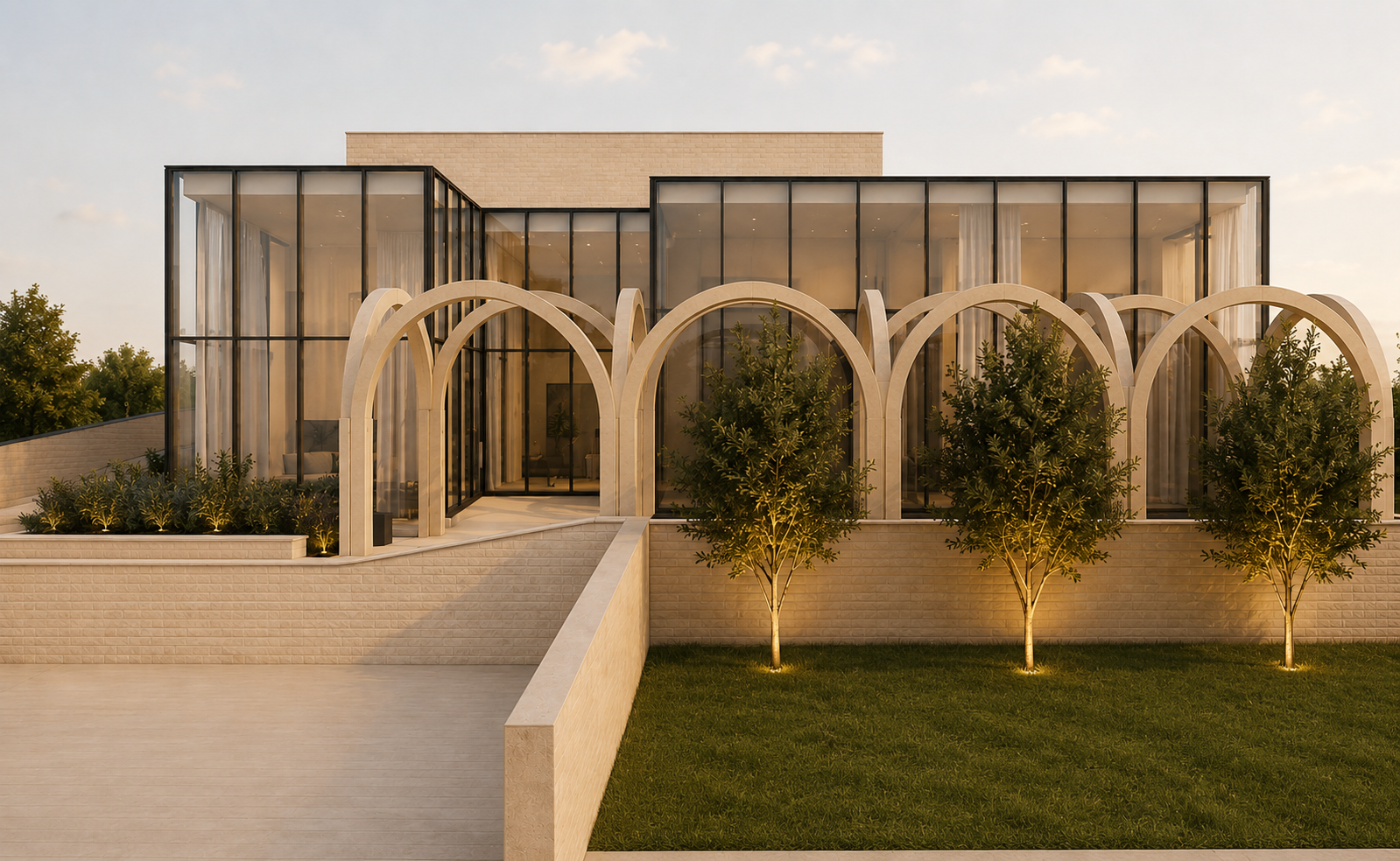 Contemporary custom home with sculptural arches and expansive glass façade, designed to connect architecture, landscape, and light.